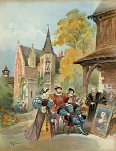 Rei Francisco I (1494-1547) comprando a Mona Lisa a Leonard de Vinci (Leonardo da Vinci) (1452-1519), perto do castelo real de Amboise, entre 1516 e 1519. Ilustração