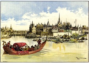 O rei Henrique III num barco lança a primeira pedra da Pont Neuf sobre o Sena, em Paris, a 31 de maio de Albert Robida