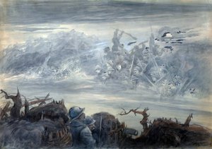 Le combat des ombres: poilus dans une tranchee imaginando um assalto de soldados fantasmagóricos de Albert Robida