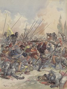 O rei em Pavia, cai do cavalo, ferido, luta contra a multidão de assaltantes que o rodeia (cor litho) de Albert Robida