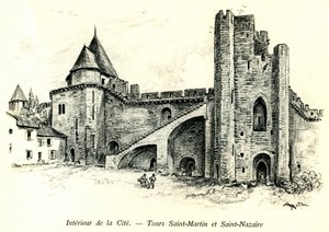 Cite Medievale de Carcassonne (Aude, Languedoc, Pays Cathare) - Tours Saint Martin (São Martinho) e Saint Nazaire (São Nazaire) com casas construídas contra as muralhas - gravura romântica de Albert Robida (1848-1926) num livro publicado no início da de Albert Robida
