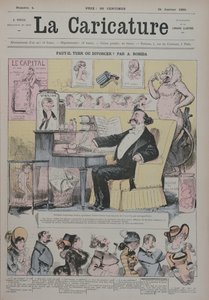 Assassinato ou divórcio, capa de &39;La Caricature&39; representando Alexandre Dumas Fils (1824-95) como um &39;expert&39; em dramas matrimoniais, 1 de janeiro de 1880 de Albert Robida