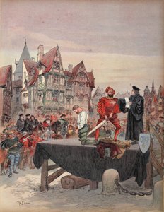 Saint Vallier perdoou no andaime, ilustração de François I: O Cavaleiro do Rei, por George G. Toudouze, pub. 1909 de Albert Robida