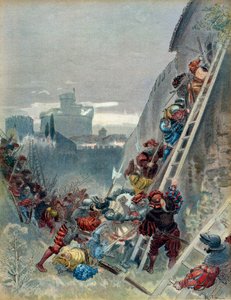 Sétima Guerra Italiana (1526-1529): Morte de Carlos III de Bourbon (1490-1527) no cerco de Roma, a 6 de Maio de 1527. Ilustração de Albert Robida