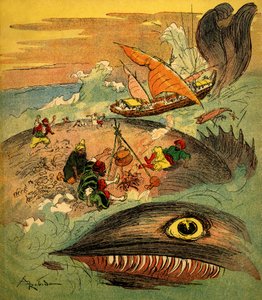 Sindbad, o marinheiro (Sinbad) - conto das mil e uma noites (1001) - livro de 1948 que conta as suas aventuras (edição Fortin, coleção Imagens maravilhosas da infância) - ilustração de Albert Robida (1848 - 1926): Sindbad e os seus companheiros falharam de Albert Robida