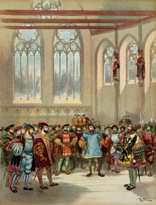 A cabana da Borgonha, enviada por Carlos V (1500-1558), foi recebida por François I (1494-1547) na grande sala do Parlamentoarom em Paris, na primeira metade do século XVI. Ilustração de Albert Robida