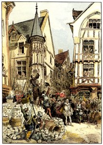 O duque de Guise é aplaudido pela multidão e pelos soldados do regimento Gardes Francaises em Paris, no dia da barricada de Albert Robida