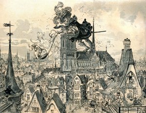O gigante Gargantua pula de seu cavalo de Albert Robida