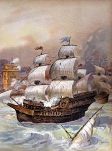 A frota de Jean Ango bloqueia o Tejo e ameaça Lisboa, c.1909 (ilustração) de Albert Robida