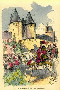 O rei de França François I chega a cavalo em frente da Cite de Carcassonne, Porte Narbonnaise. Ilustração de Albert Robida (1848-1926): frontispício do livro "Le tresor de Carcassonne" primeira edição H. Laurens 1921. de Albert Robida