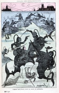 Combate submarino na baía de Papagayo (scaphandlers riding fish), paródia de Jules Verne, "Viagens muito extraordinárias de Saturnin Farandoul em 5 ou 6 partes do mundo e em todos os países conhecidos ou desconhecidos do Sr. Jules Verne" por Robida, Paris de Albert Robida
