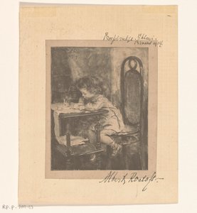 Menina sentada na mesa desenhando de Albert Roelofs (signed by artist)