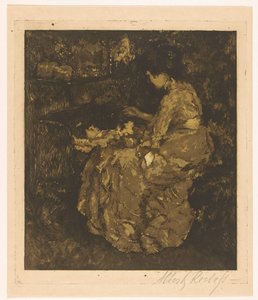 Mulher alimentando uma criança em um mingau de berço de Albert Roelofs (signed by artist)