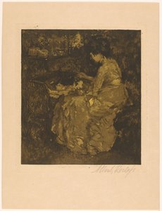 Mulher a alimentar uma criança com papas num berço de Albert Roelofs (signed by artist)