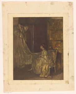 Mulher sentada em uma cadeira ao lado de um berço de Albert Roelofs