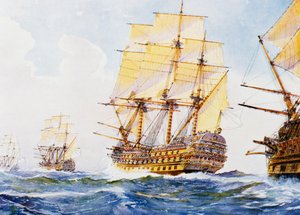Navios do século XVIII em fila indiana, com o leme virado para estibordo, aguarela de Albert Sebille (1874-1953), século XX de Albert Sébille