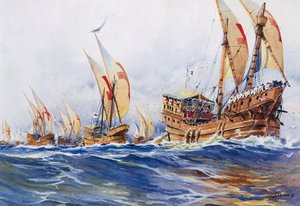 Navios franceses do rei Luís IX durante a oitava cruzada em 1268, aguarela de Albert Sebille (1874-1953) de Albert Sébille