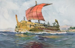 Navio ligeiro do período grego clássico (litografia a cores) de Albert Sébille