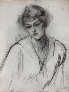 Metade comprimento, retrato, de, um, menina jovem, inclinar-se, c.1910, (black, chalk on paper) de Albert de Belleroche