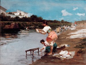 Lavadoras de roupa no rio (óleo sobre tela de Alberto Issel