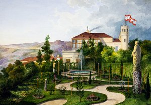 Exterior com jardim, a sudoeste de Villa Lazzarovic residência Trieste de Maximilian dos Habsburgos (1832-1867) de Alberto Prosdocini or Prosdocimi