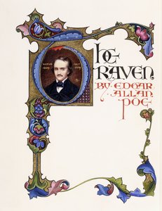 Página de rosto iluminada do livro &39;The Raven&39;, de Edgar Allan Poe, mostrando um retrato do artista e uma inicial &39;T&39; histórica de Alberto Sangorski