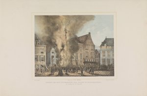 Vista no início do incêndio em Middelburg. no domingo, 28 de junho de 1857 (título no objeto) de Albertus Anthonius Nunnink