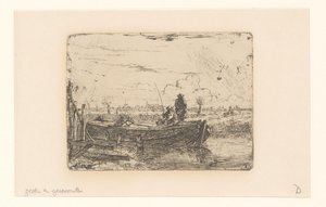 Paisagem de polder com dois homens em um barco