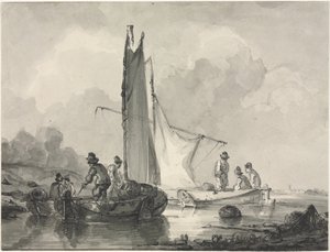 Paisagem fluvial com pescador e três barcos
