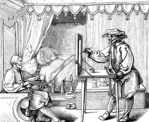 Uma gravura de xilogravura representando um artista usando um auxílio de desenho para obter as proporções de um retrato correto. Gravura de Albrecht Dürer (1471-1528), pintor, gravador e teórico da Renascença alemão.