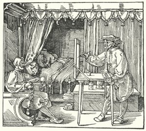 Método de produção de uma imagem em escala através da marcação dos contornos do objecto sobre uma folha de vidro (gravura) de Albrecht (after) Durer or Duerer
