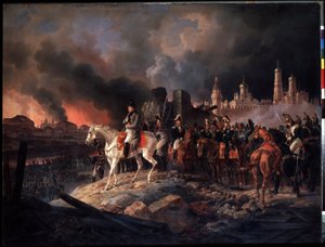 "O governador da cidade, Conde Rostopchin, incendiou a cidade quando as tropas de Napoleão chegaram. O Imperador Napoleão I (1769-1821) em frente de Moscovo em chamas, à direita o Kremlin. Pein
