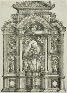 Retábulo com a bela Virgem de Ratisbona e os santos Cristóvão, Maria Madalena, Floriano e Catarina em nichos, com Deus Pai no alto de Albrecht Altdorfer