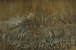 Landaknechten, Battle on a Bridge (caneta e tinta com guache sobre papel) de Albrecht Altdorfer