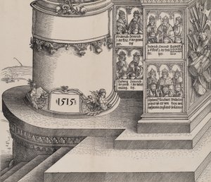 Retratos dos parentes de Maximiliano e a base da coluna externa esquerda com a data 1..., 1515. de Albrecht Altdorfer