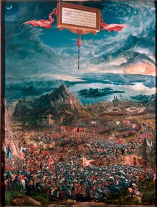A Batalha de Issos (ou Issos) ganha por Alexander the Great em 333 AC Pintura de Albrecht Altdorfer (1480-1538) 1529 Dim 158x120 cm Munique, Alte Pinakothek - A Batalha de Issos (333 AC) - Pintura de Albrecht Altdorfer (1480-1538), óleo sobre madeira