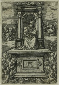 "A bela Virgem de Regensburg" com o Menino num trono, rodeado de anjos com instrumentos musicais de Albrecht Altdorfer