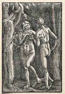 A queda e redenção do homem: Adão e Eva comendo o fruto proibido, c. 1515 de Albrecht Altdorfer
