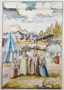 O futuro imperador Maximiliano I, liderado pelo seu pai, Friedrich III, encontra-se com a sua noiva, Maria de Borgonha, em Neuss ... de Albrecht Altdorfer