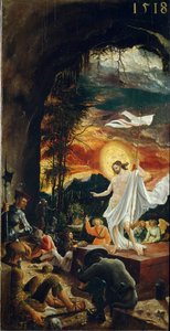 A ressurreição de Cristo Ele segura uma vara cruz no final da qual flutua uma bandeira branca (padrão). Pintura de Albrecht Altdorfer (ca. 1480-1538) 1518 Dim. 70x37 cm Vienna Kunsthistorisches Museum de Albrecht Altdorfer