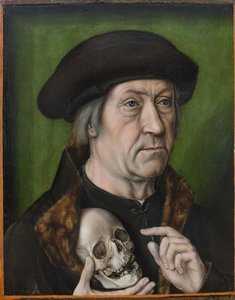 Autoportrait avec un crane - Self-Portrait with a Skull, de Bouts, Aelbrecht (Albert) (1451/54-1549). Óleo sobre madeira, c. 1520. Dimensão : 42,6x33 cm. Muzeul National Brukenthal, Sibiu