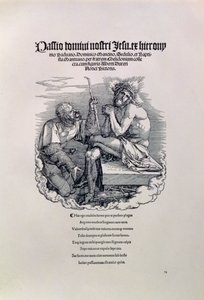 Um soldado romano zombando de Cristo, com o nome do artista em latim acima, e abaixo de um poema repreendendo o homem por seus pecados, título da série The Great Passion, pub. 1511 de Albrecht Dürer