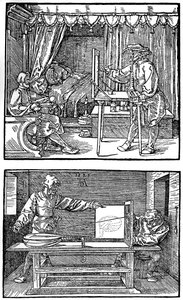 Aparelho para traduzir objetos tridimensionais em desenhos bidimensionais, 1525, 1936 de Albrecht Dürer