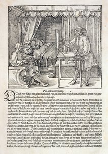 Artista usando a máquina de desenho de Durer para pintar uma figura, de &39;Curso na Arte do Desenho&39; de Albrecht Durer, publicado em Nuremberg 1525 (ver também 310983) de Albrecht Dürer