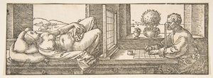 Desenhista fazendo um desenho em perspectiva de uma mulher reclinada, ca. 1600 de Albrecht Dürer