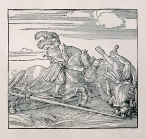 O imperador Maximiliano I da Alemanha (1459-1519) desmonta um oponente em uma justa, de um livro inédito que glorifica os atos cavalheirescos dos Imperadores, c.1515 de Albrecht Dürer