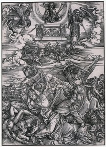 A Batalha dos Anjos, VII. Figura, folha 9 da série «O Apocalipse» de Albrecht Dürer