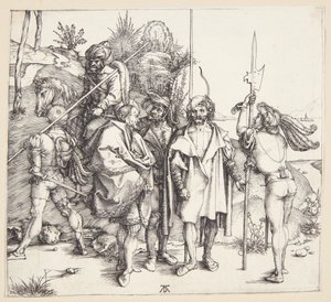 Cinco lansquenets e um cavalo oriental de Albrecht Dürer