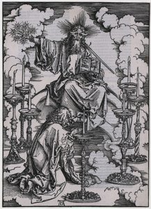 João avista os sete candelabros, Figura I, folha 3 da série «O Apocalipse» de Albrecht Dürer