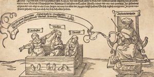 Justiça, verdade e razão no tronco com o juiz sentado e a piedade adormecida, provavelmente 1526. de Albrecht Dürer